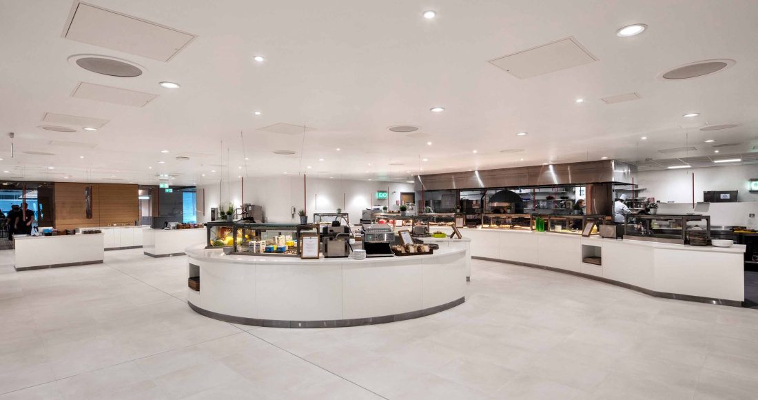 Modern breakout area showcasing advanced ceiling systems